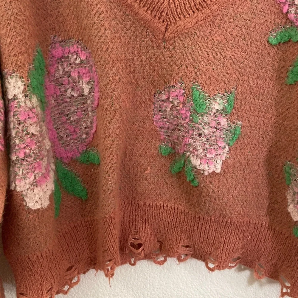 Anthropologie V-Neck Sweater Rust 3D Floral oversized y2k boho quirky - Picture 6 of 8